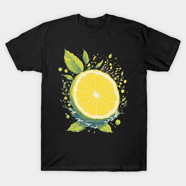 Lemon with green leaves and splashes T-Shirt by webbygfx